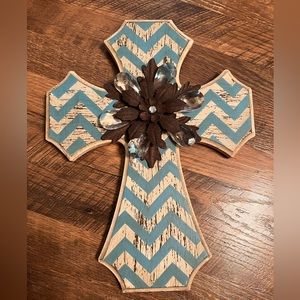 New Cross from Hobby Lobby~turquoise bluish stripes and cream color